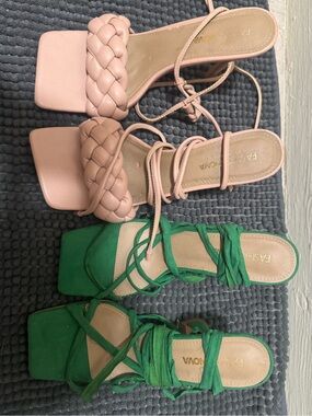 Fashion Nova Braided Strap Lace-Up Sandals in Pink and Green